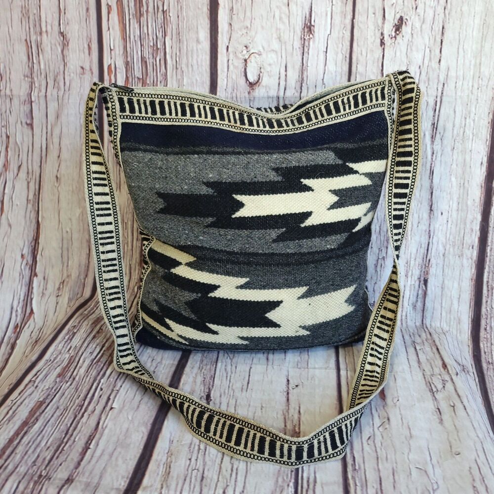 Handmade in Ecuador VTG 70s Aztec Wool Crossbody Bag Strap Black Gray White BOHO